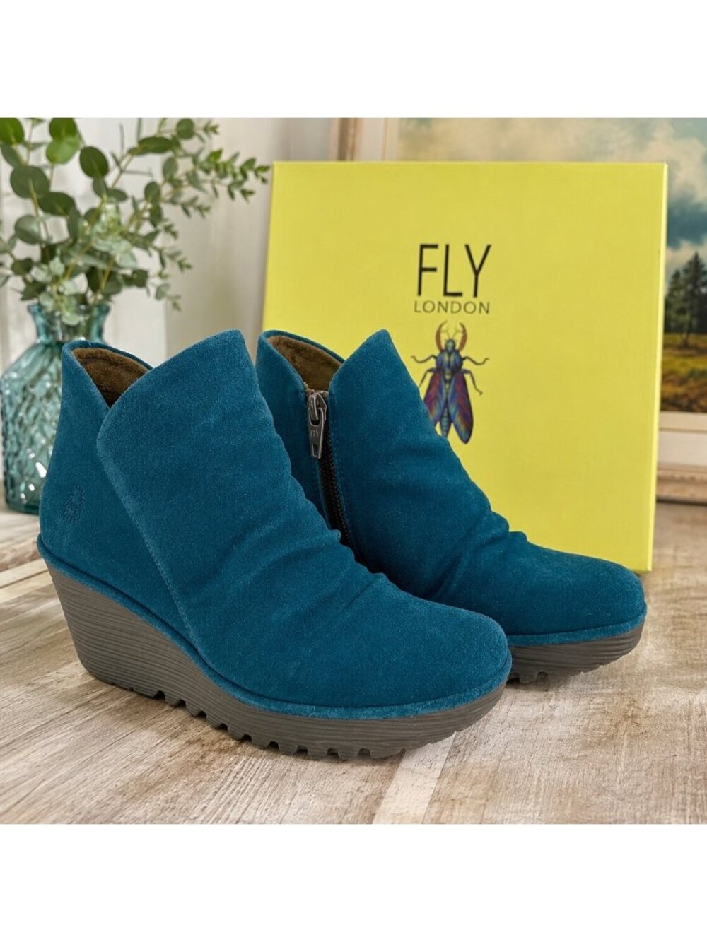 Fly London Yip Oil Suede Petrol Blue Wedge Ankle Boots Size 39 With Box GUC